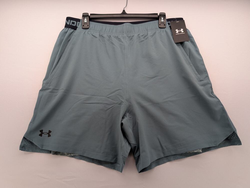 NWT Under Armour UA Vanish Woven Printed 2-in-1 Shorts in Jasper Blue sz XL